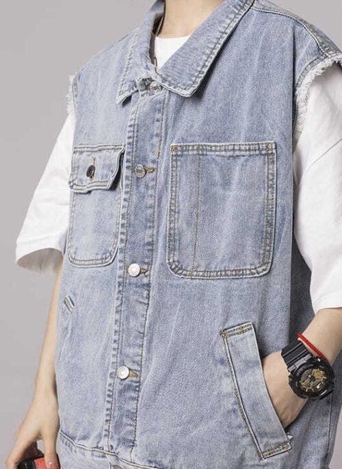 Blue Asymmetric Front Pockets Vest | Sunghoon - Enhypen