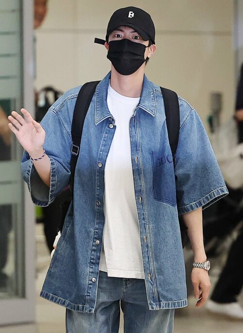 Blue Short Sleeves Oversized Denim Shirt | Jin – BTS