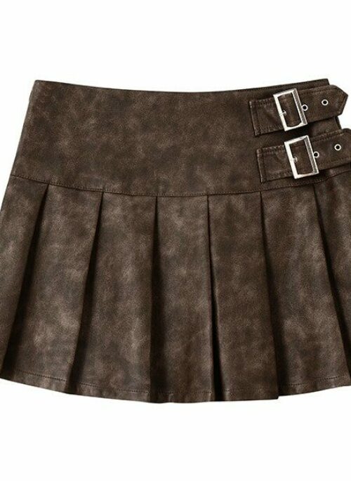 Brown Pleated Leather Mini Skirt | Tzuyu - Twice