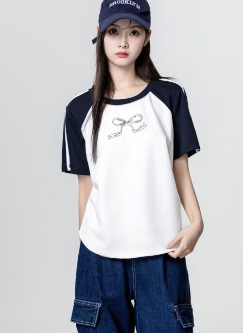 White Block Bow Print Short Sleeve T-Shirt