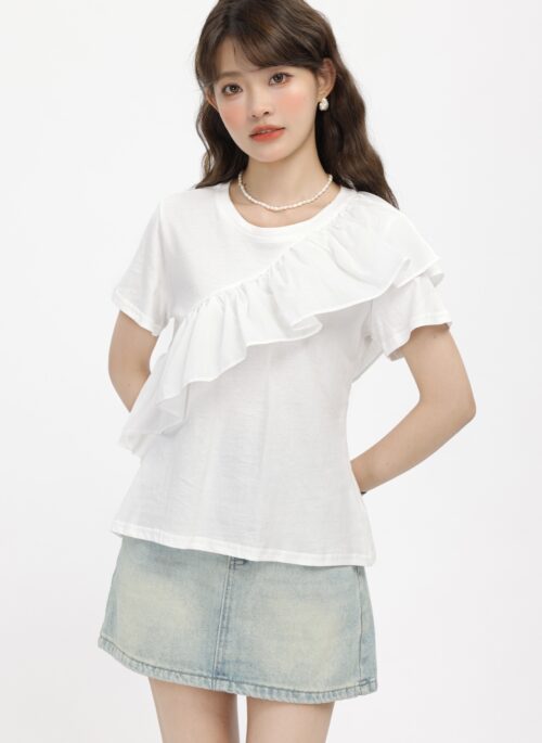 White Oblique Ruffled Summer Blouse