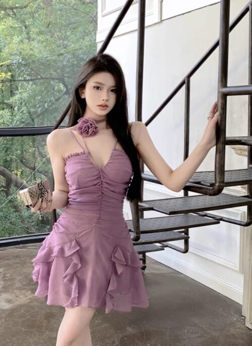 Lilac Halter Flower Ruffles Dress | Handong - Dreamcatcher