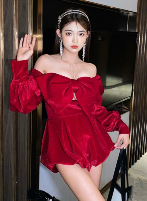 Red Big Bow Off-Shoulder Dress | Nayeon – Twice