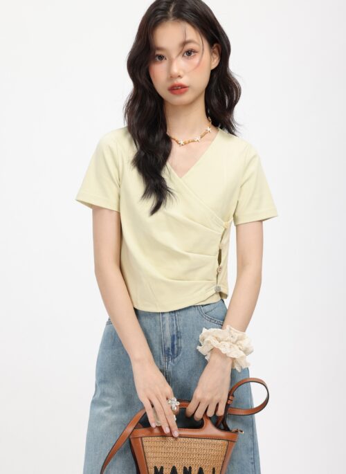 Yellow Short Sleeve T-Shirt With Irregular Buttoned Design