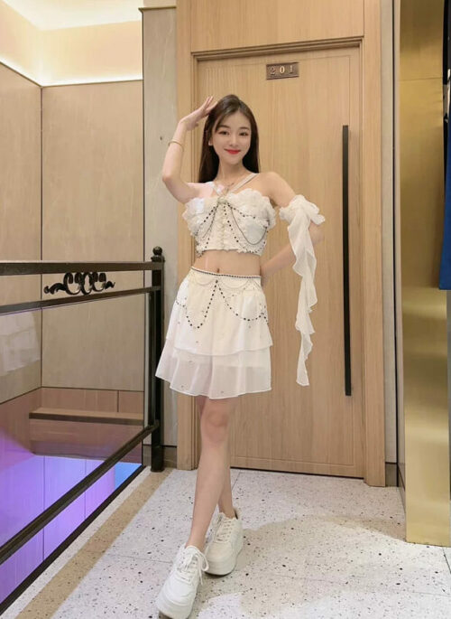 White Embellished Lace Top And Skirt Set | Nayeon - Twice