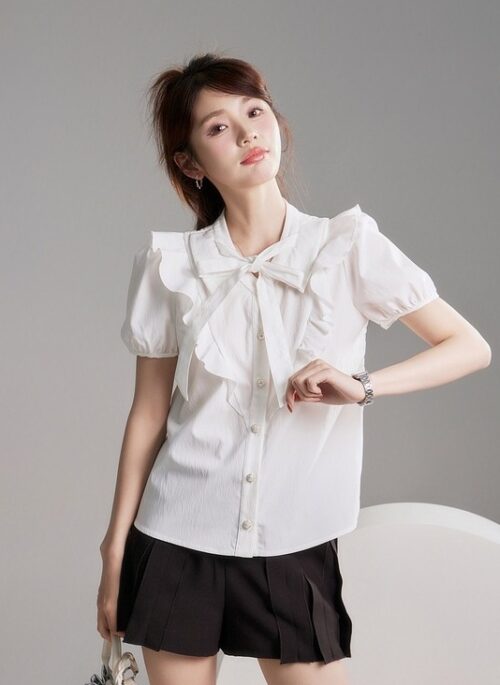 White Ruffled Puff Sleeve Shirt | Rose - BlackPink