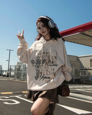 Beige Statement Print Vintage Hoodie | Jake - Enhypen