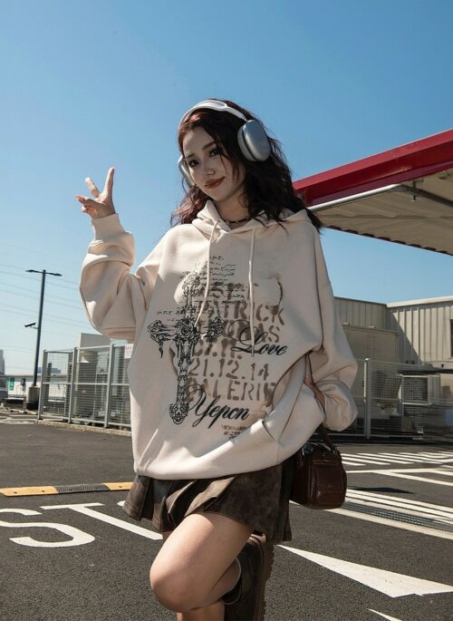 Beige Statement Print Vintage Hoodie | Jake - Enhypen