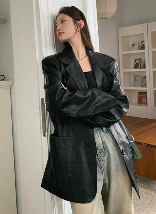 Black Faux Leather Suit Blazer Jacket | Baek Seok Ryu - Love Next Door