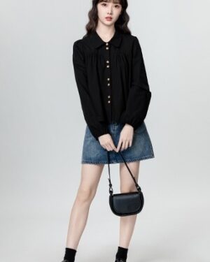 French Black Long Sleeve Loose Blouse