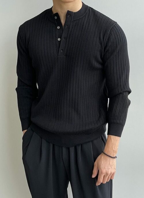 Black Ribbed Half-Buttoned T-Shirt | Jungwon - Enhypen