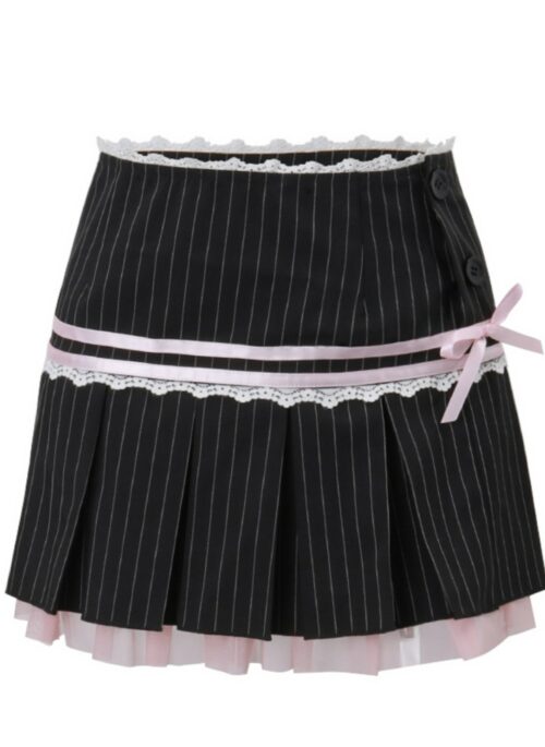 Black Striped Lace Accent Pleated Skirt | Yunjin – Le Sserafim