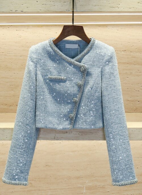 Blue Asymmetric Tweed Crop Jacket | Sullyoon – NMIXX