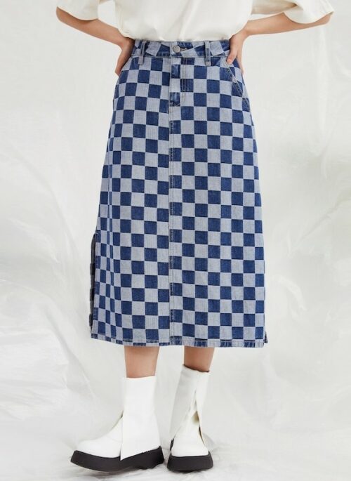 Blue Checkered Denim Midi Skirt | Hinata - XG