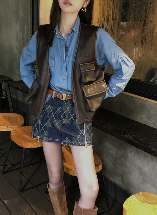 Blue Plaid Spliced Denim Skirt | Karina – Aespa