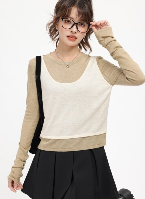 Brown Faux Two-Piece Sweater With White Top