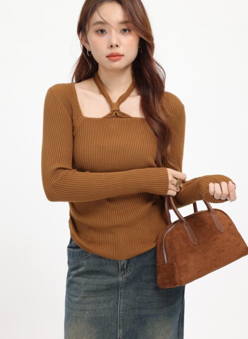 Brown Plain Halter Neck Knitted Sweater