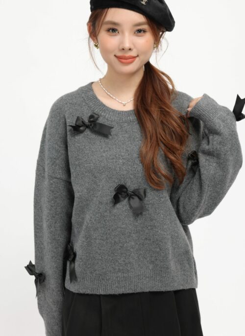 Gray Knitted Sweater With Multiple Ribbon Design