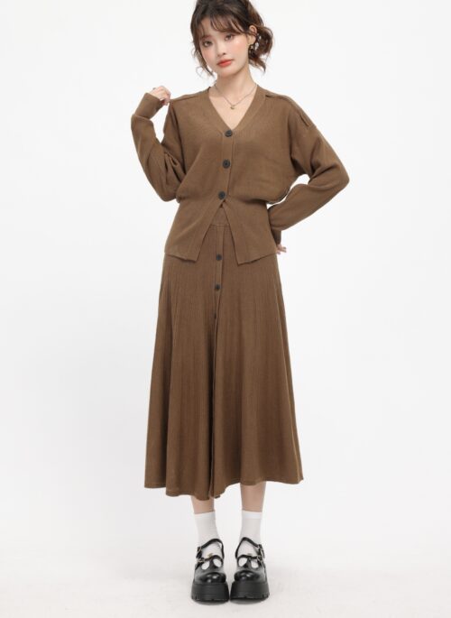 Brown French Style Knit Cardigan And Skirt Set