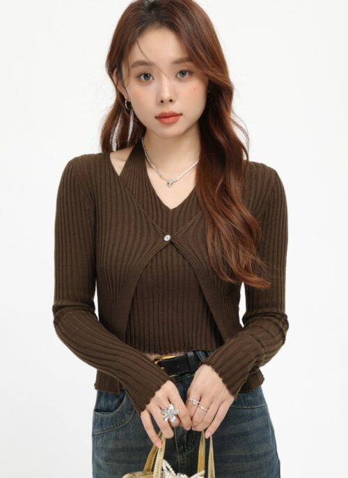 Brown French Style Fake Two-Piece Knit Sweater