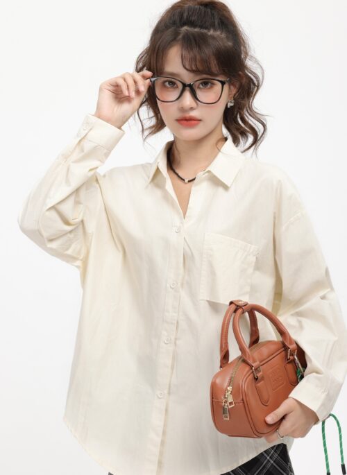 Apricot Collared Long Sleeve Shirt With Pocket