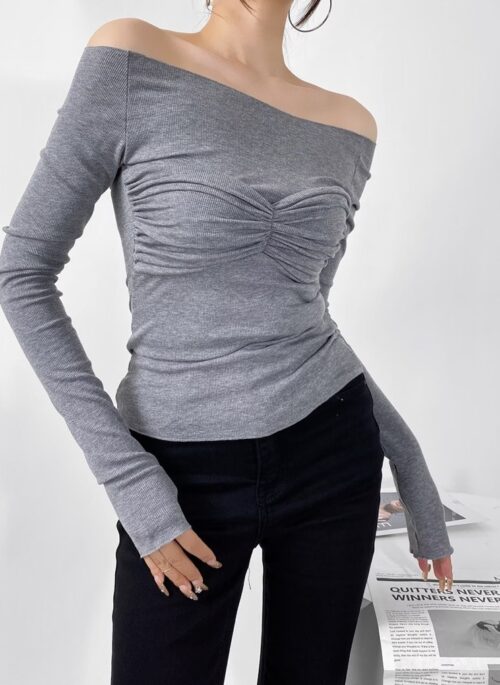 Grey Ruched Bust Off-Shoulder Top | Lisa - BlackPink