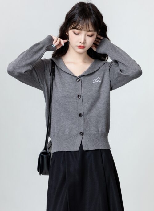 Grey Navy Collar Knitted Cardigan With Embroidered Logo