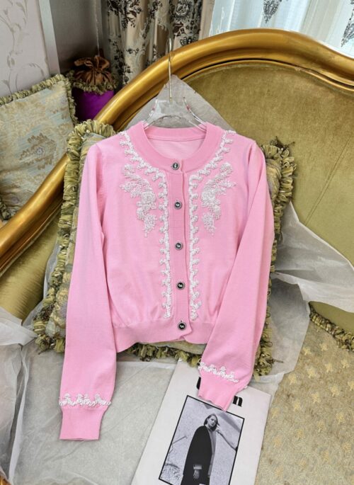 Pink Bead Embroidered Knit Cardigan | Ningning – Aespa