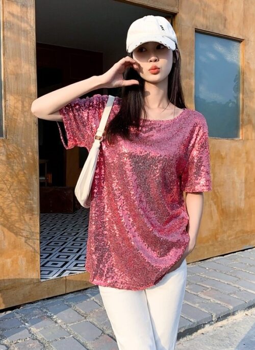 Pink Sequins Embellished T-Shirt | Chung Ha