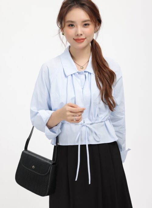 Blue Collared Button Shirt With Drawstring Waist