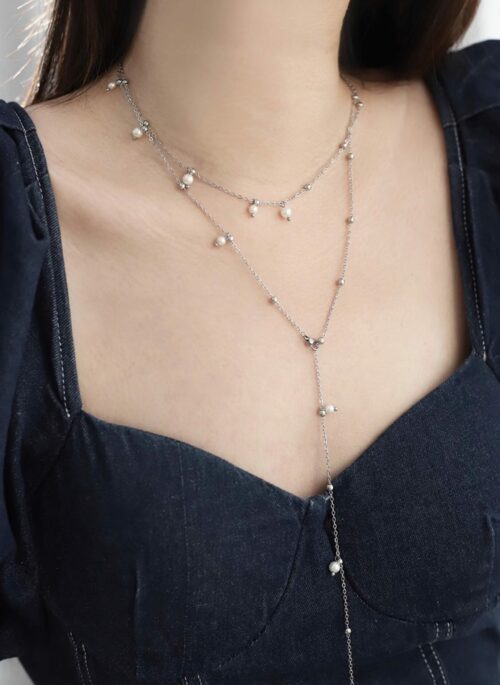 Silver Layered Chain Pearl Necklace | Haewon - NMIXX