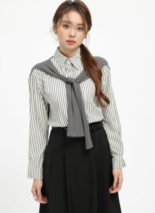 Grey Striped Shirt With Faux Shawl