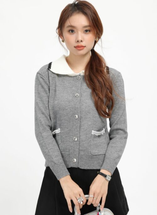 Grey Lapel Collared Buttoned Knit Cardigan