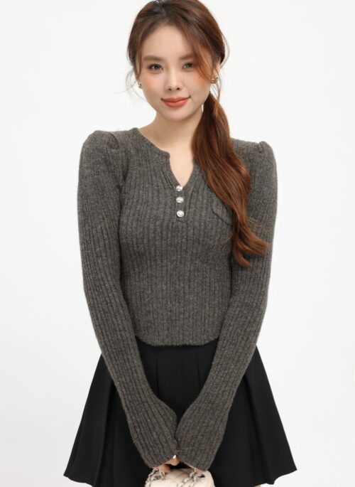 Grey Ribbed Puff Sleeve Buttoned Sweater with Flared Cuffs