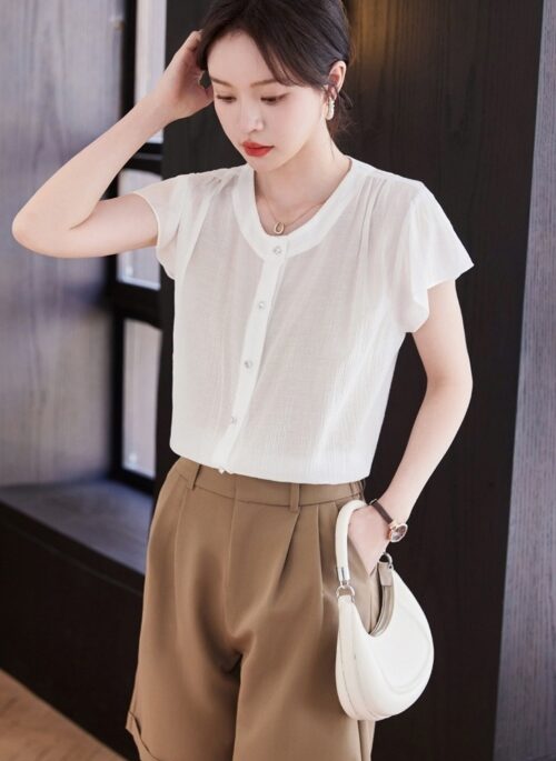 White Button-Down Round Neck Blouse | Cheong Ah - Twinkling Watermelon