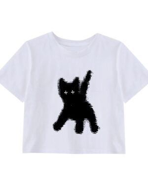 White Cat Print Cropped T-Shirt | Eunchae - Le Sserafim