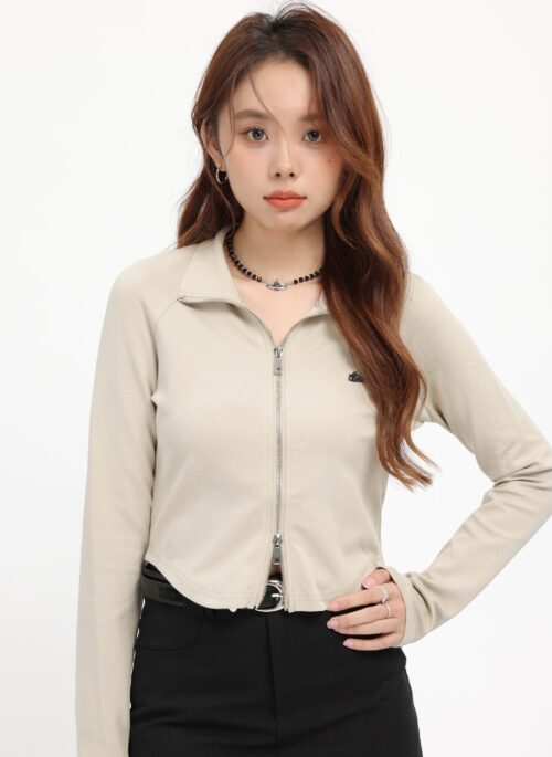 Beige Collared Cropped Jacket With Logo And Zipper Closure