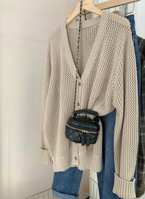 Beige Hollow Knit V-Neck Cardigan | Jay - iKON