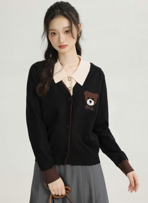 Black Faux Two Piece Collar Sweater With Bear Logo