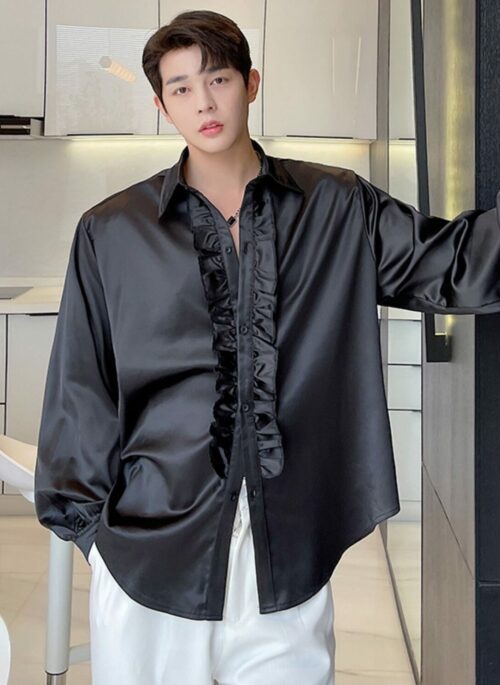 Black Glossy Ruffles Shirt | Sanha - Astro