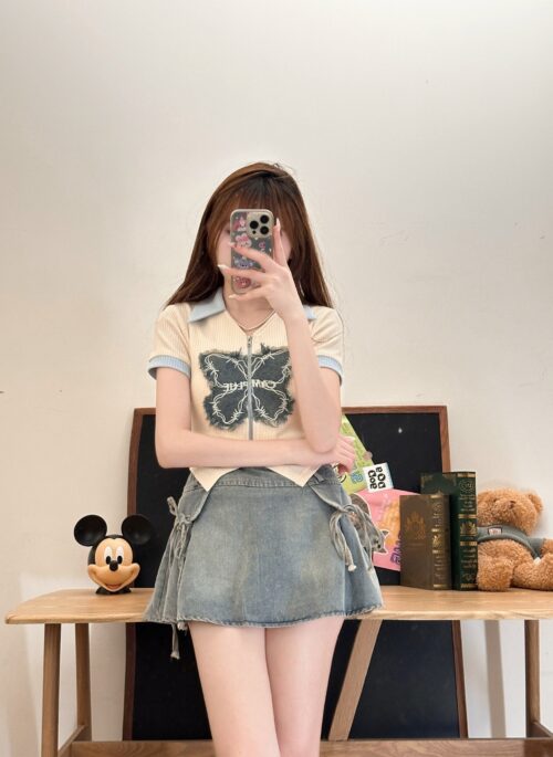 Blue Double Lace Bows Denim Skirt | Gaeul - IVE