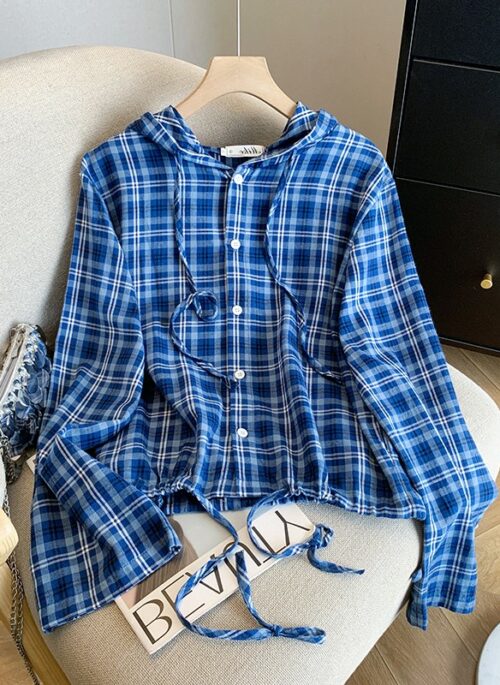 Blue Plaid Cropped Hooded Shirt | Nayeon – Twice