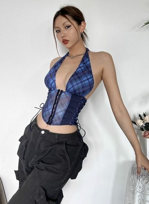 Blue Plaid Halter Corset Top | Chaewon - Le Sserafim