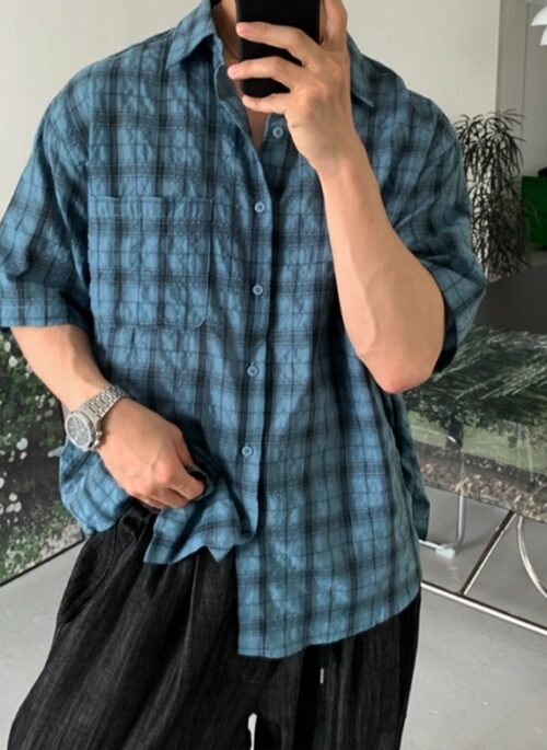 Blue Wrinkled Short Sleeve Plaid Shirt | Changbin – Stray Kids