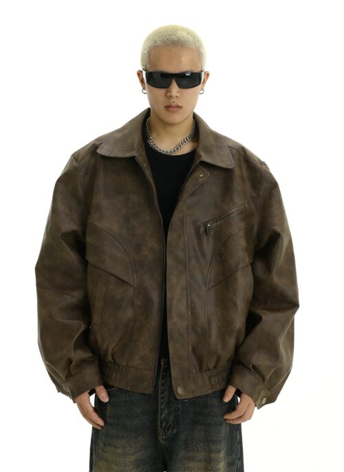 Brown Faux Leather Bomber Jacket | Chanyeol - EXO