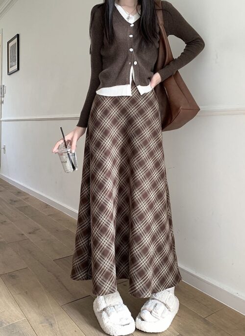 Brown Plaid Maxi Skirt | Wonyoung - IVE