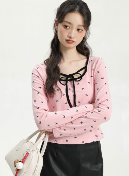 Pink Long Sleeve Lace-Up Bow Top