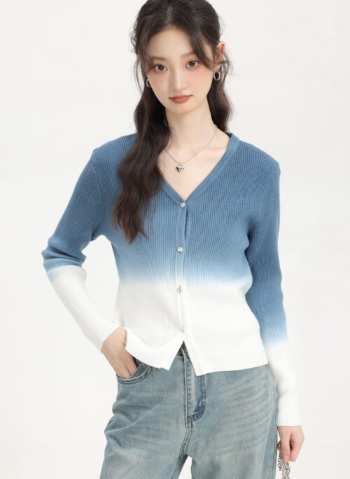 Blue Gradient V-Neck Knitted Sweater