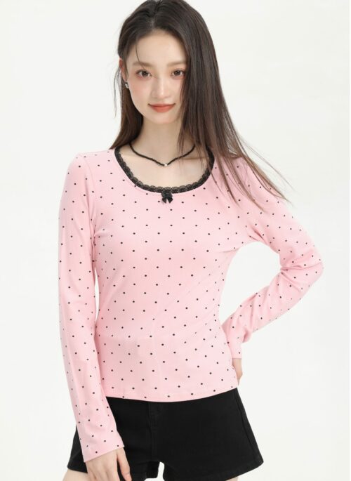 Pink Lace Trim Polka Dot Long Sleeve Tee