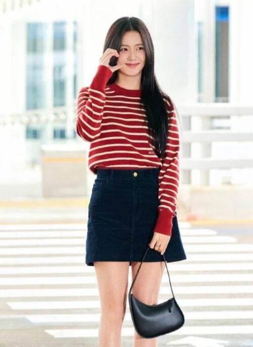 Red Striped Button-Detail Knit Sweater | Jisoo – BlackPink